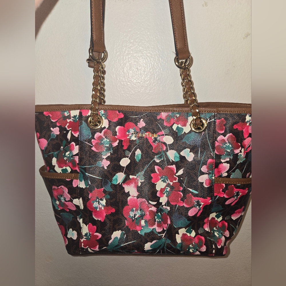 Calvin Klein Pink And Brown Floral Tote Purse